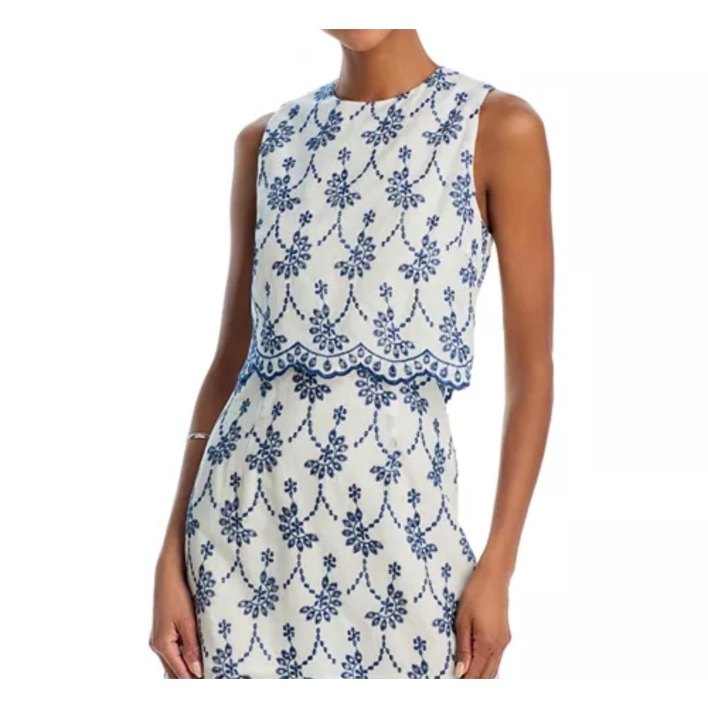 AQUA Embroidered Layered dress Sleeveless Floral Cotton White Blue XXL